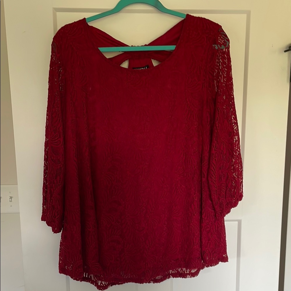 Roz & Ali Red 3/4 Sleeve Cut Out Blouse